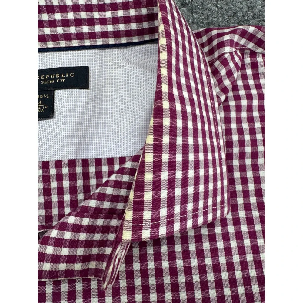 Banana Republic Button Down L/S Men M Classic Cotton Slim Fit Burgundy Gingham‎